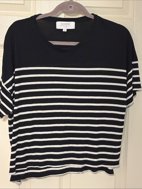 La Ligne Tops - La Ligne New York Black and White Horizontal Stripe Viscose and Silk Tee